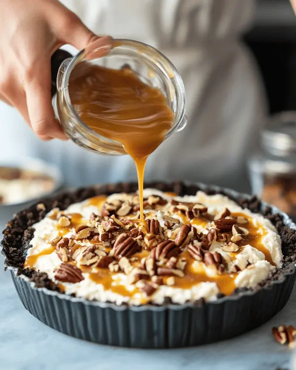 Hands layering dulce de leche ice cream into chocolate cookie crust and drizzling homemade caramel sauce over the layer in a springform pan