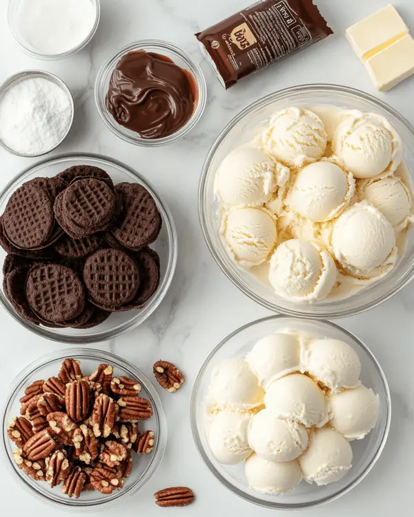 Ingredients for mile high ice cream pie including chocolate wafer cookies, dulce de leche ice cream, chocolate ice cream, toasted pecans, sugar, heavy cream, and butter arranged on white marble countertop