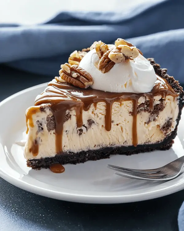Elegant slice of mile high ice cream pie on white plate showing distinct layers of dulce de leche and chocolate ice cream with caramel sauce drizzle and whipped cream
