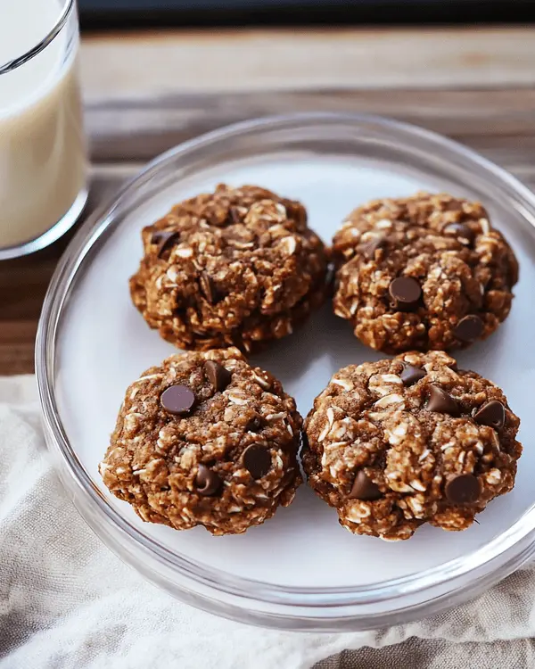 Five round no bake lactation cookies with chocolate chips on white plate next to glass of milk on wooden table