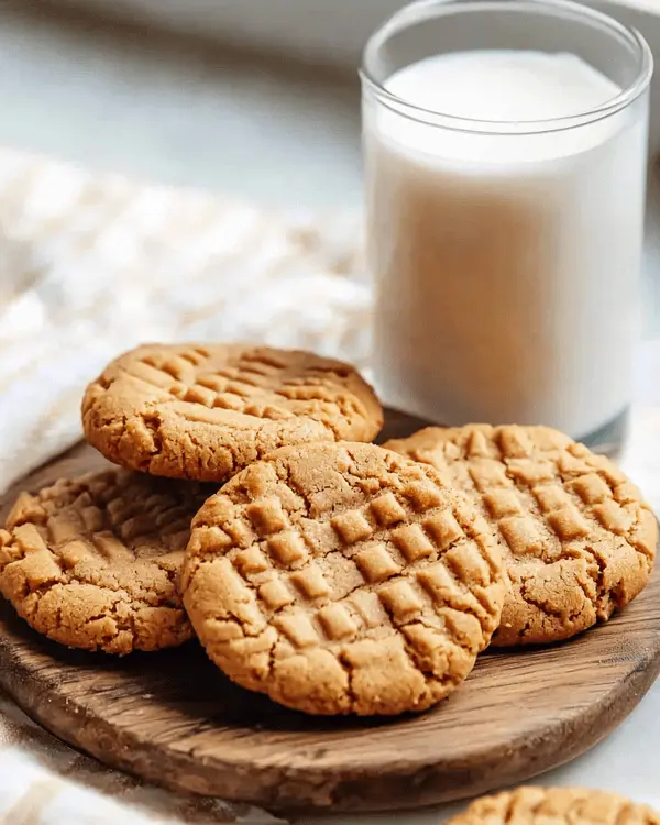 Peanut Butter Cookies in the Air Fryer 4 Stack of freshly baked air fryer peanut butter cookies served with cold milk on wooden plate