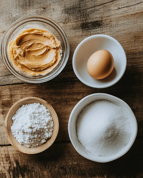 Peanut butter, egg, and sugar measured out for baking cookies.
