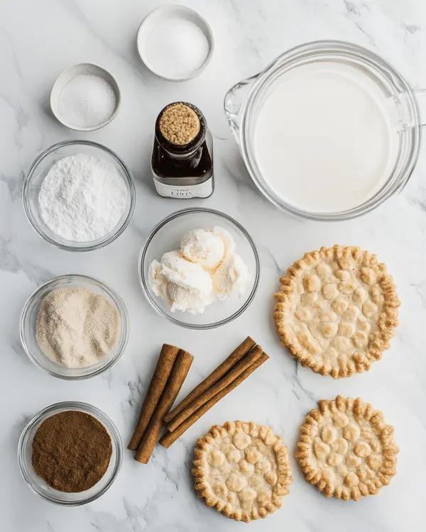 Easy Oatmeal Cream Pie Ice Cream Recipe 2 Ingredients for oatmeal cream pie ice cream including heavy cream, milk, sugars, cinnamon, vanilla extract, salt, and oatmeal cream pies arranged on marble countertop