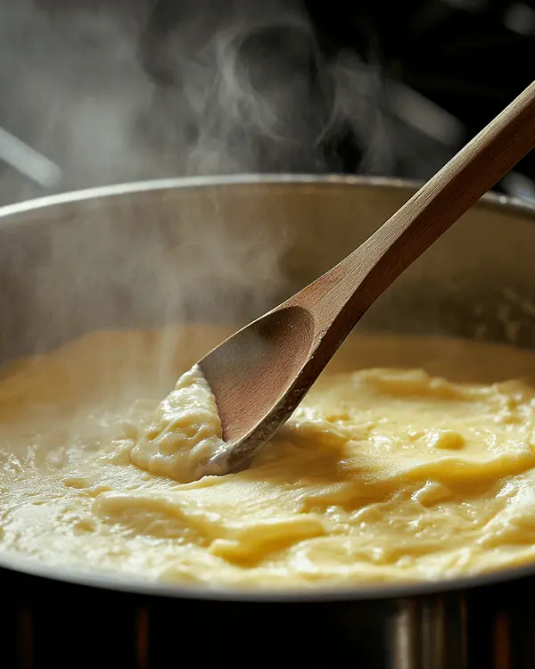 Wooden spoon stirring lemon pudding mixture in saucepan during cooking process for no bake cookies