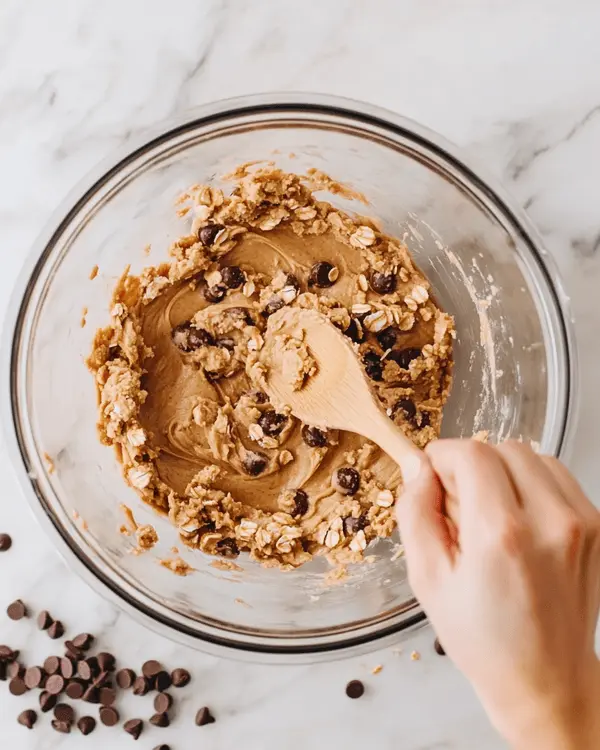 Hands mixing no bake lactation cookie dough in glass bowl showing chunky mixture with oats and chocolate chips
