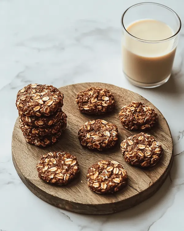 Finished no bake protein cookies served on wooden board with glass of almond milk, showing rich chocolate color and oat texture