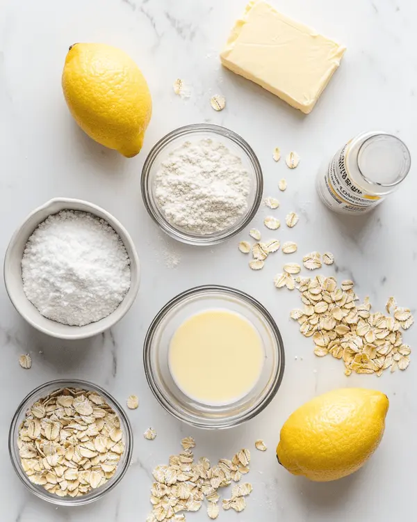 Ingredients for lemon oatmeal no bake cookies including sugar, butter, milk, lemon pudding mix, quick oats, and vanilla extract arranged on marble countertop