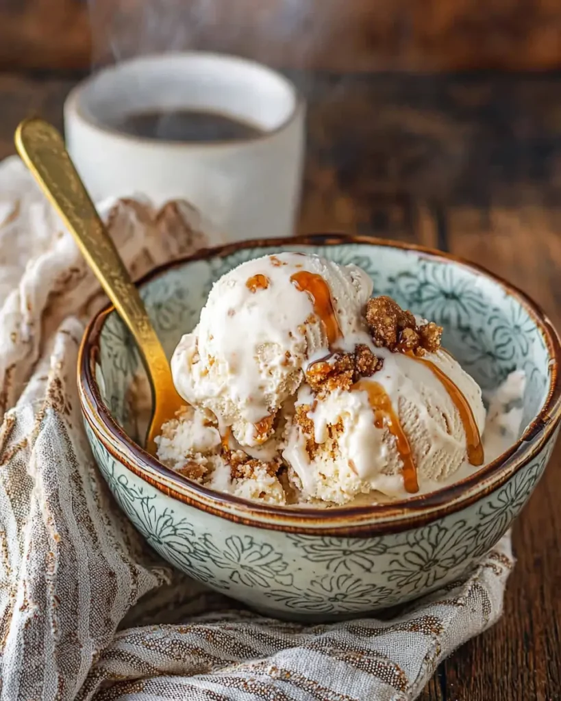 Easy Oatmeal Cream Pie Ice Cream Recipe 4 Scoop of homemade oatmeal cream pie ice cream served in ceramic bowl with caramel drizzle and visible cookie pieces