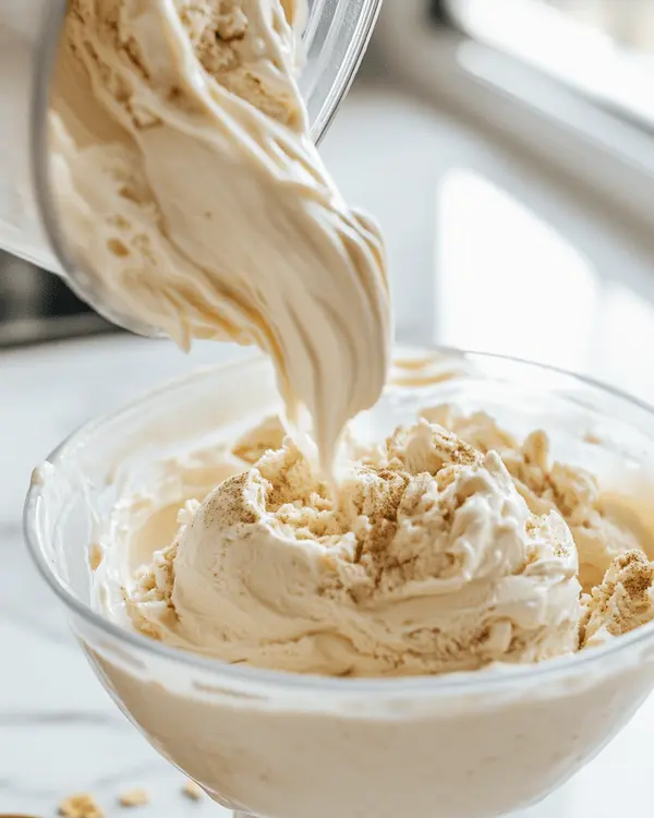 Easy Oatmeal Cream Pie Ice Cream Recipe 3 Ice cream maker churning oatmeal cream pie ice cream mixture to soft-serve consistency with chopped cookie pieces ready to fold in