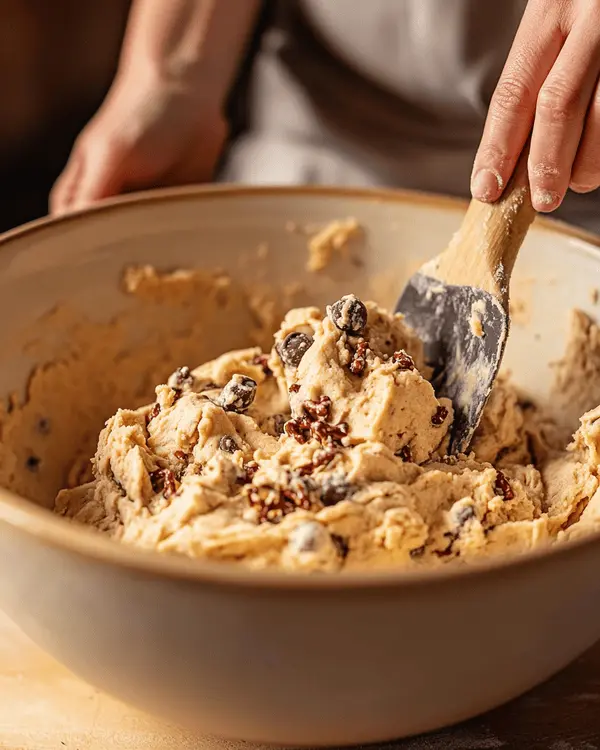 Peanut butter cookie dough being mixed with pretzels and chocolate chips in a bowl