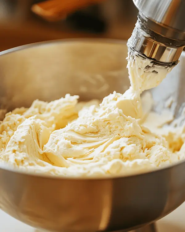Electric mixer creaming butter and sugar together until light and fluffy for pretzel peanut butter cookies