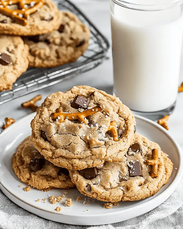 Stack of three peanut butter pretzel cookies on white plate with glass of milk, showing chocolate chunks and pretzel pieces