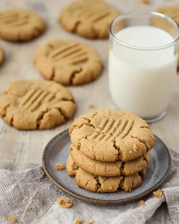 Fresh peanut butter cookies stacked on a plate beside a glass of milk.