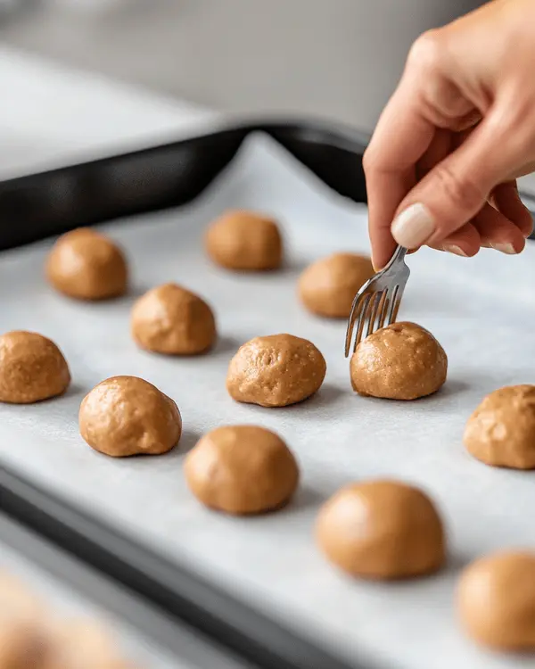Hands shaping peanut butter cookie dough and pressing with a fork in air fryer tray.