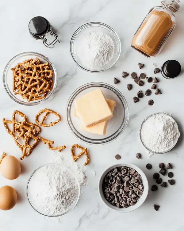 Ingredients for pretzel peanut butter cookies arranged on marble countertop including butter, sugars, peanut butter, eggs, flour, and crushed pretzels