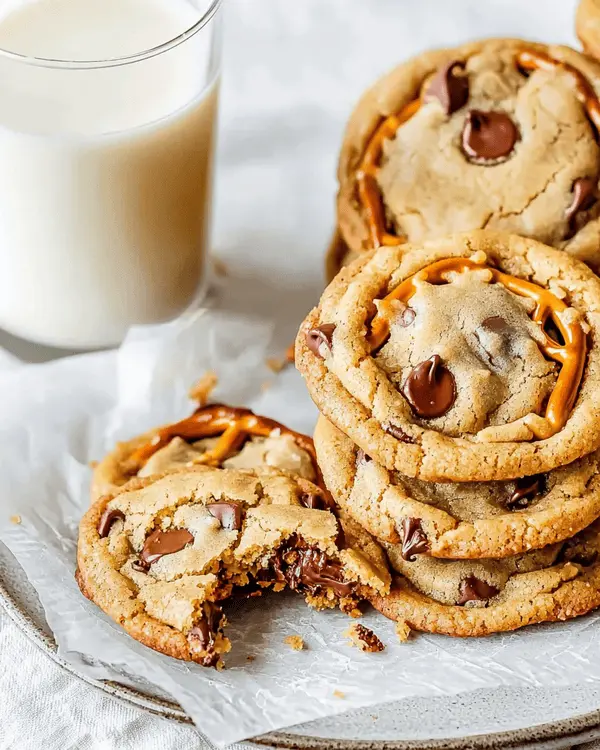 Stack of peanut butter cookies with pretzels served on a plate with a glass of milk