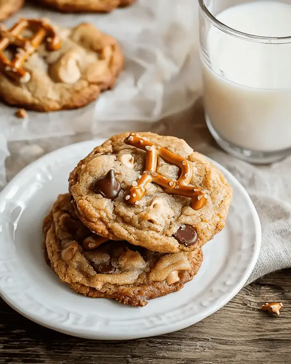 Stack of freshly baked pretzel peanut butter cookies on white plate with glass of milk, showing visible pretzel pieces and chocolate chips
