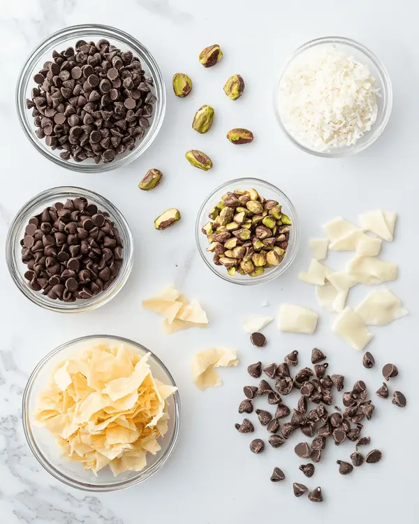 Ingredients for Dubai chocolate with pistachio butter arranged on white marble surface including dark chocolate chips, pistachio butter, phyllo dough, and raw pistachios