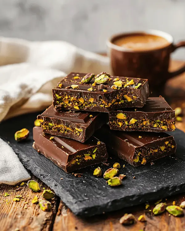 Dubai chocolate bars with pistachio butter served on dark slate board with Turkish coffee, garnished with pistachios and cacao nibs