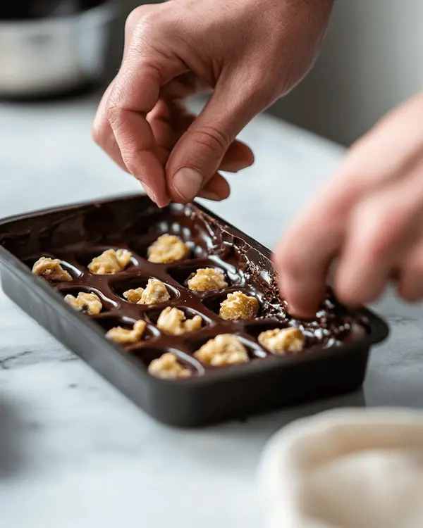 Hands assembling Dubai chocolate by spreading pistachio butter and phyllo mixture into chocolate mold during the layering process