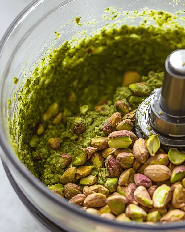 Dubai Pistachio Butter Recipe 3 Food processor showing pistachio butter processing stages from chunky to smooth