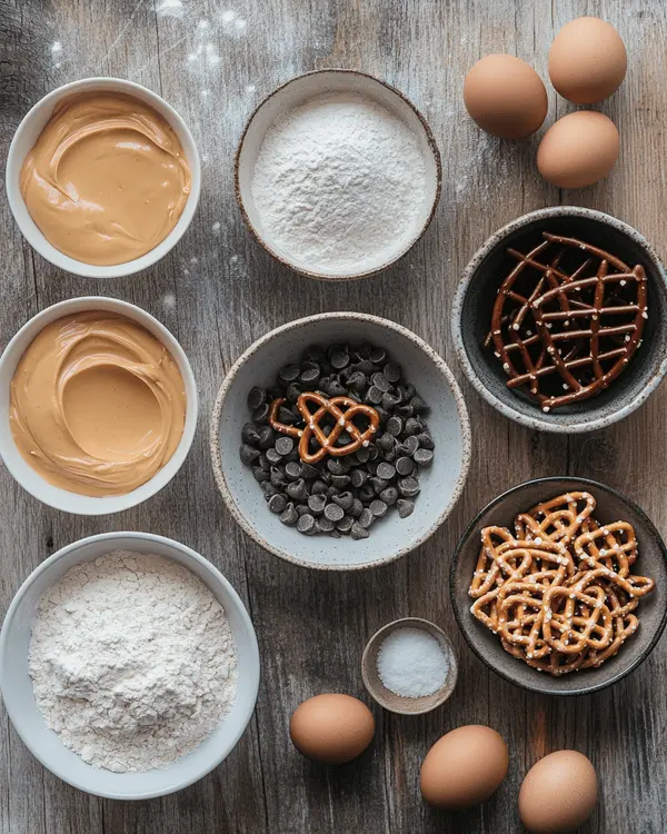 Flat lay of measured ingredients for peanut butter cookies with pretzels on a rustic wooden table